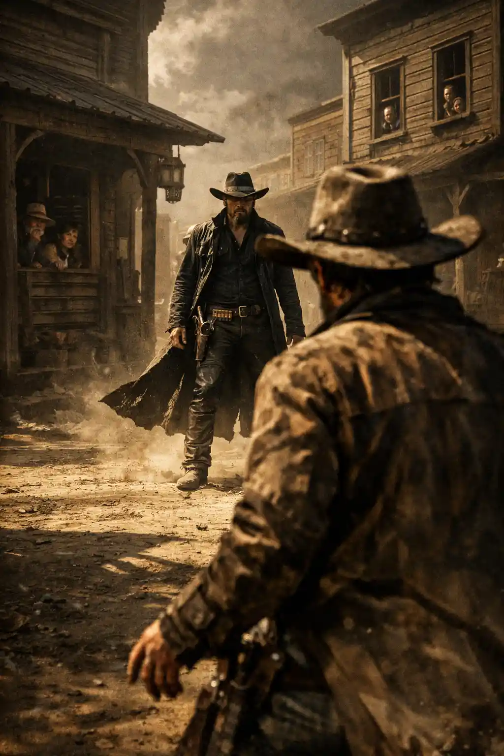 Tense cowboy showdown on a dusty western town street