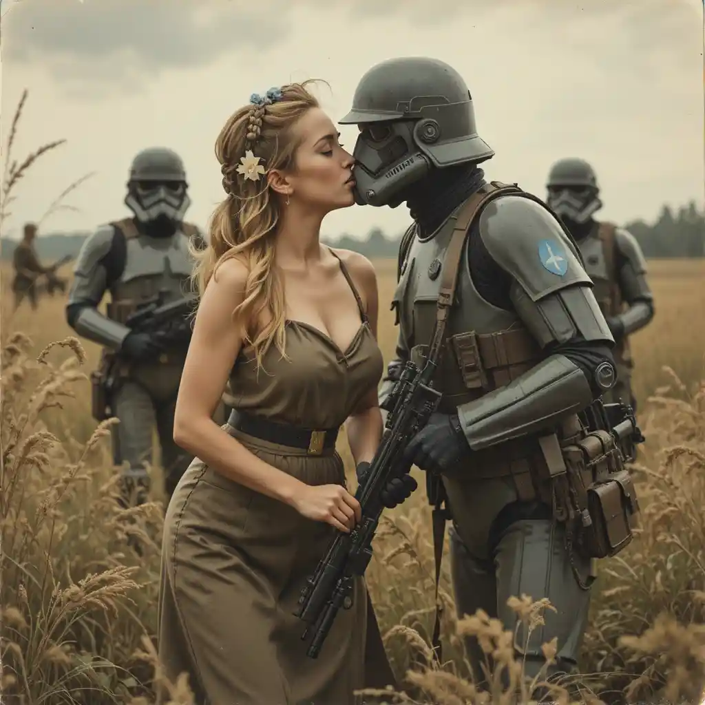 Cartoon farm workers resisting kisses from playful soldiers