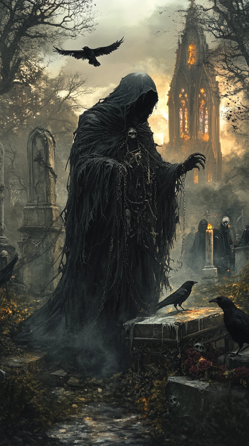 Grim reaper in a gothic graveyard with mourning woman