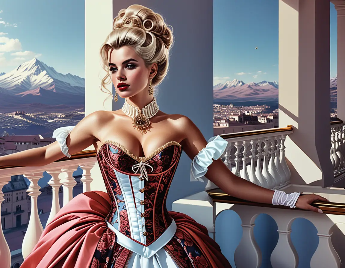 Blonde fantasy courtesan in ornate rococo corset portrait