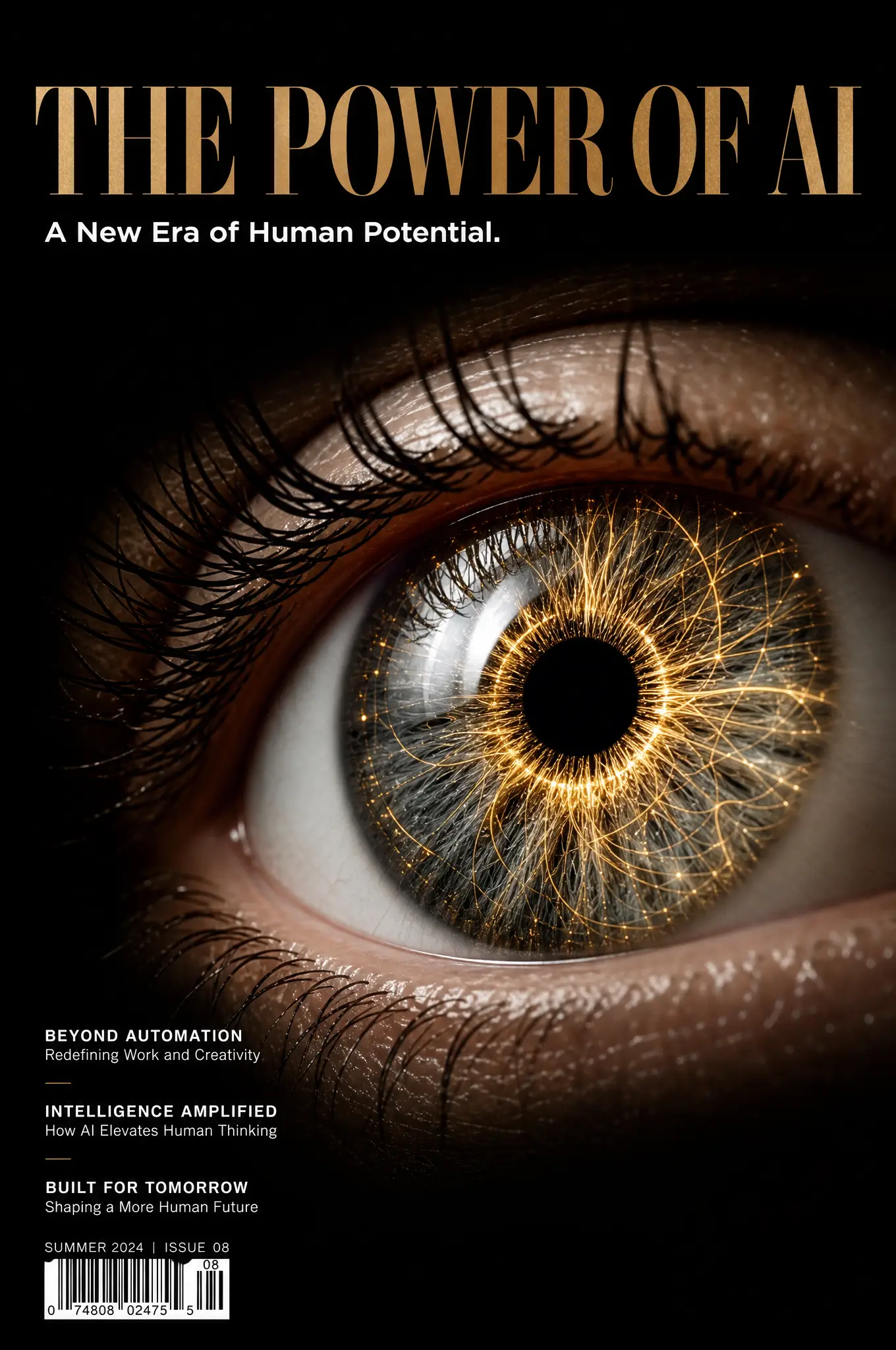 Macro human eye with glowing golden fiber optic iris