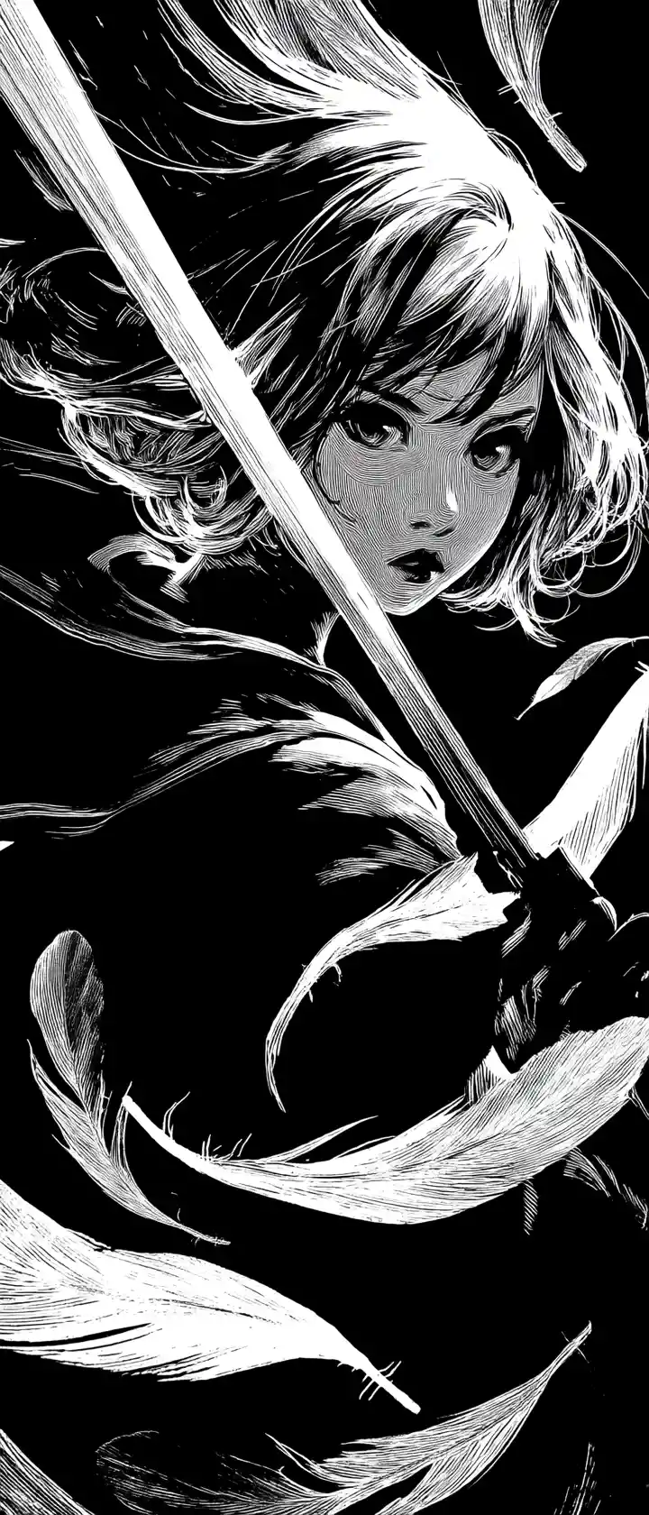 Anime warrior woman raising a glowing blade amid shadows
