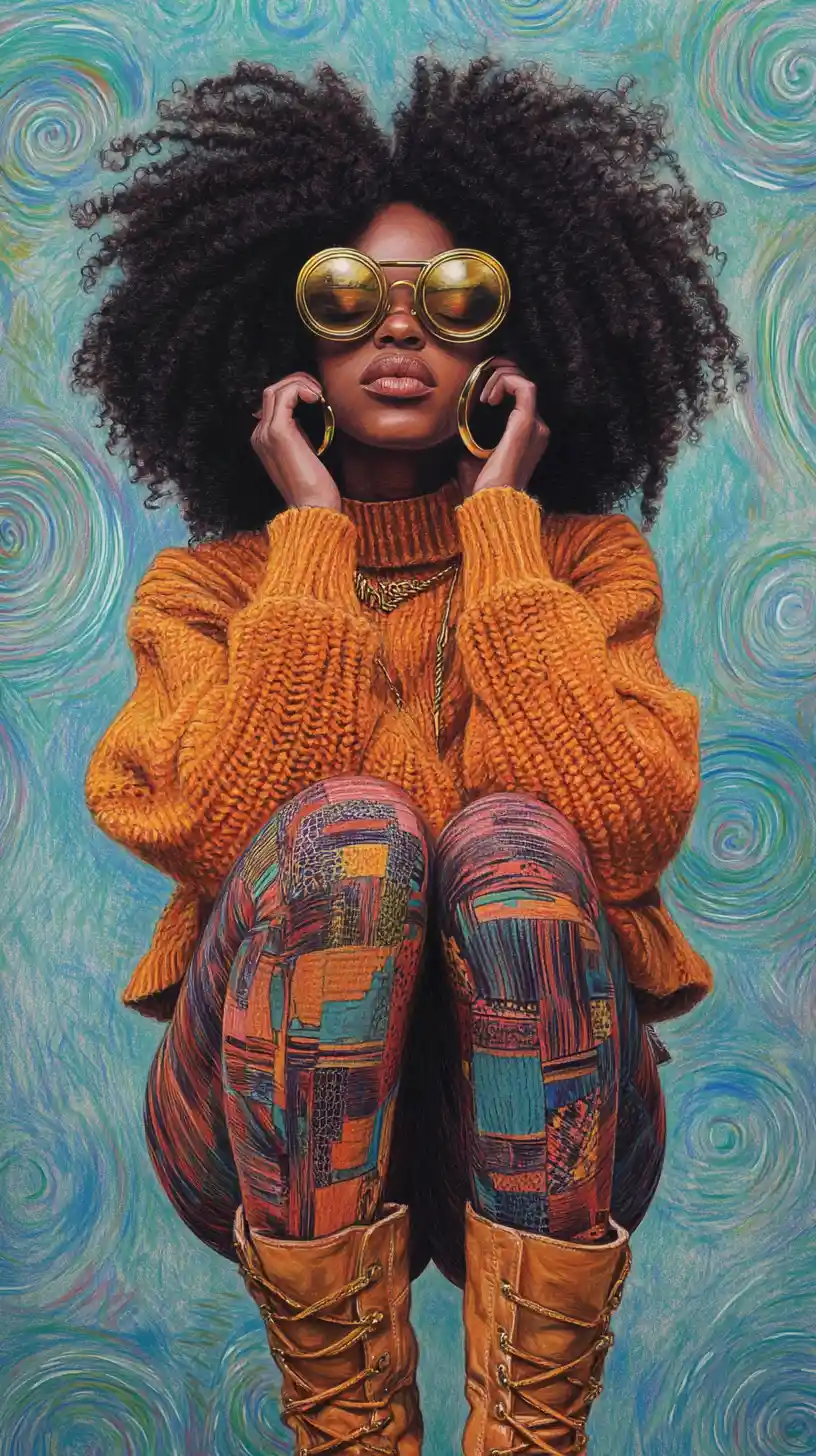 Young Black woman in vibrant patchwork outfit squatting