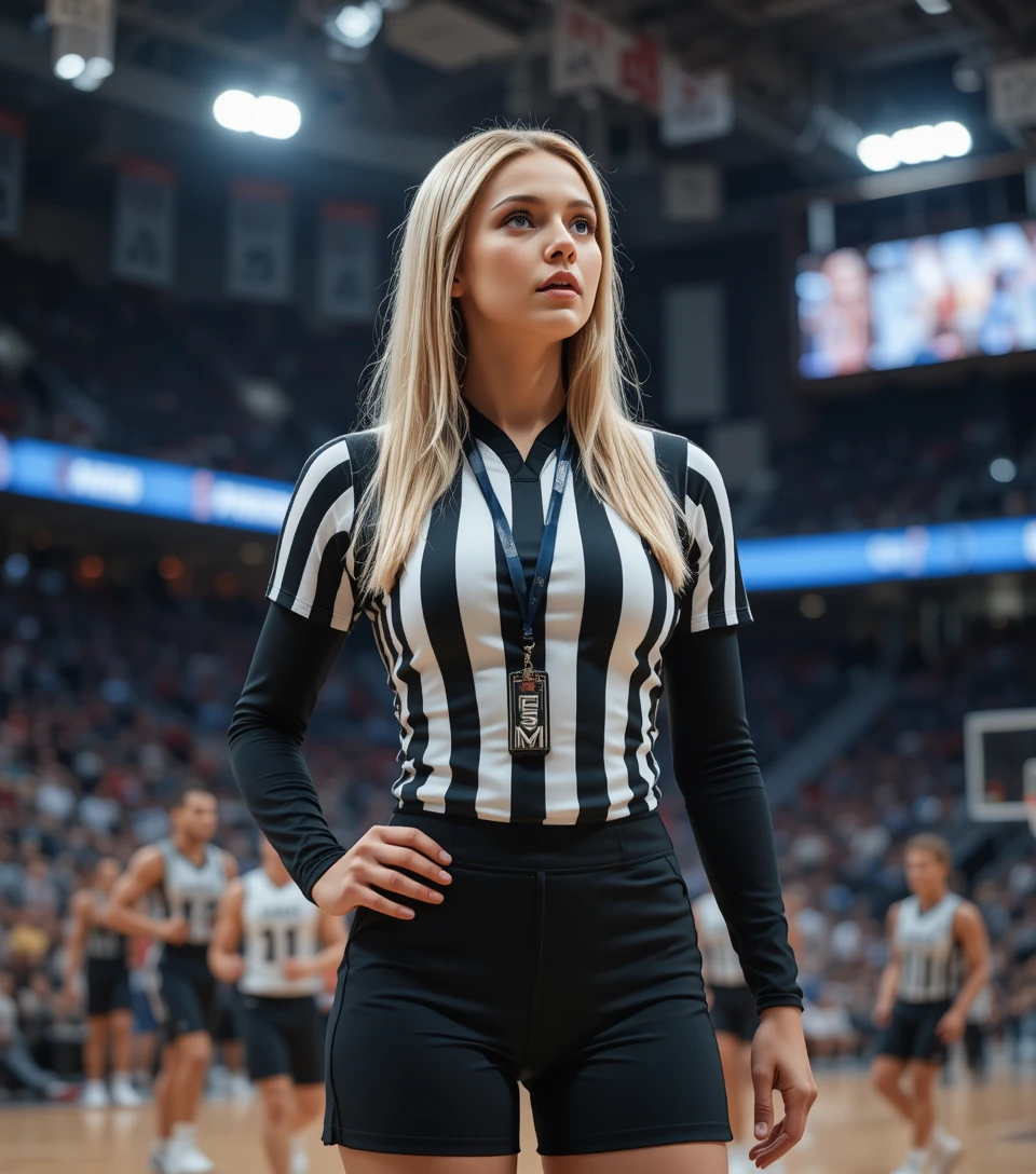 Female basketball referee on court with whistle and lanyard