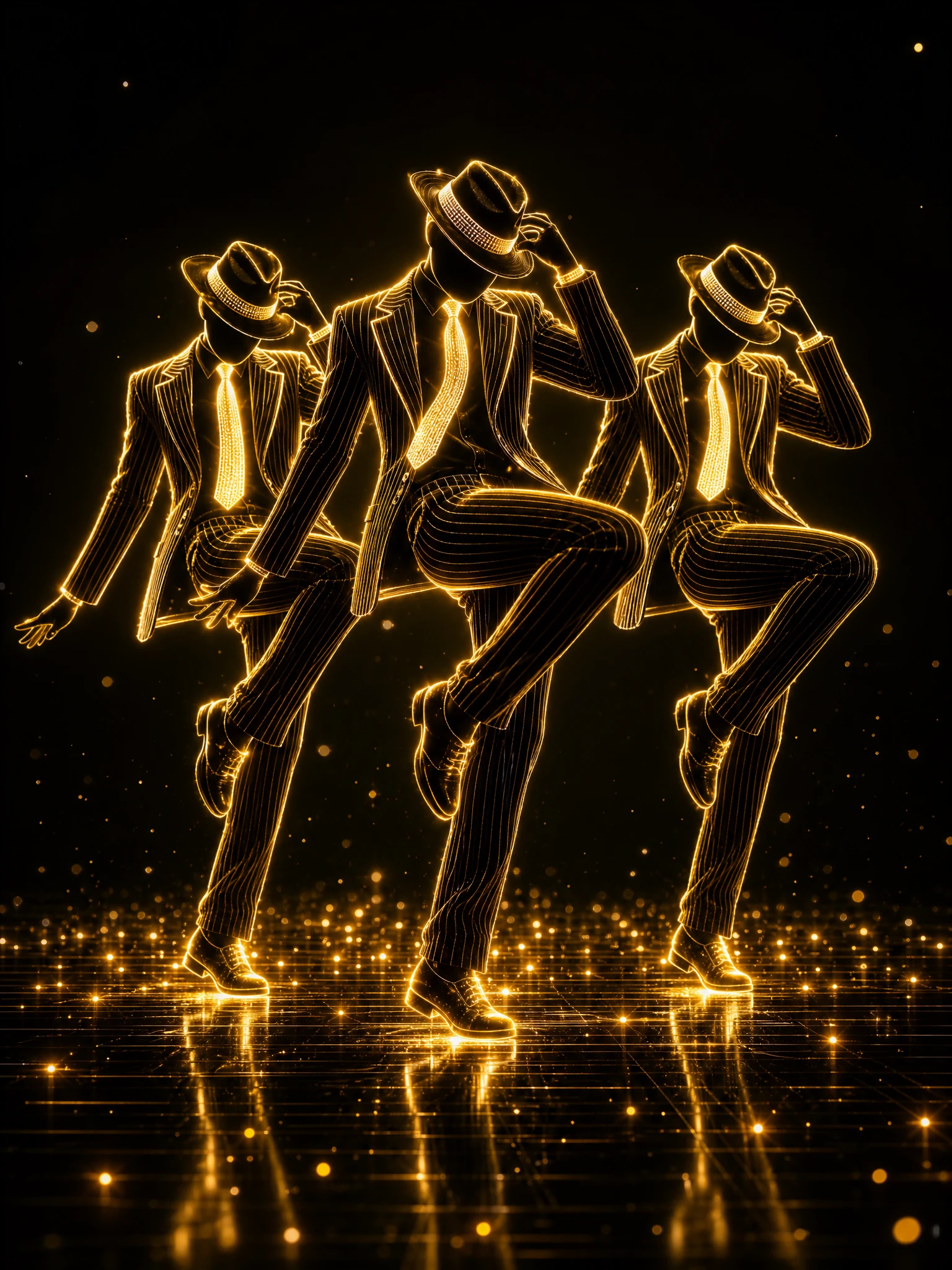Three neon dancers in glowing gold outline on black stage