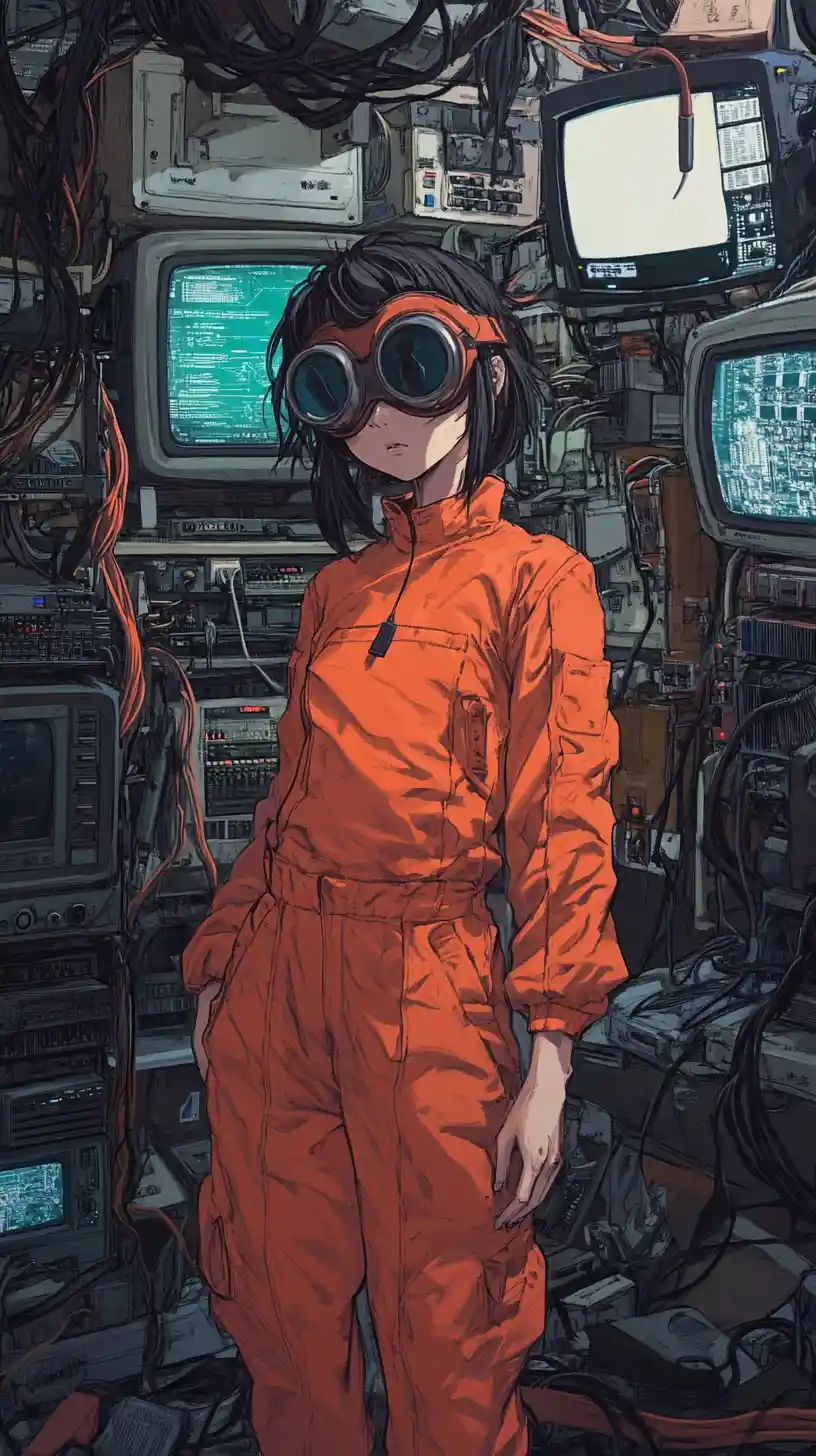 Anime girl engineer in orange jumpsuit in retro tech lab