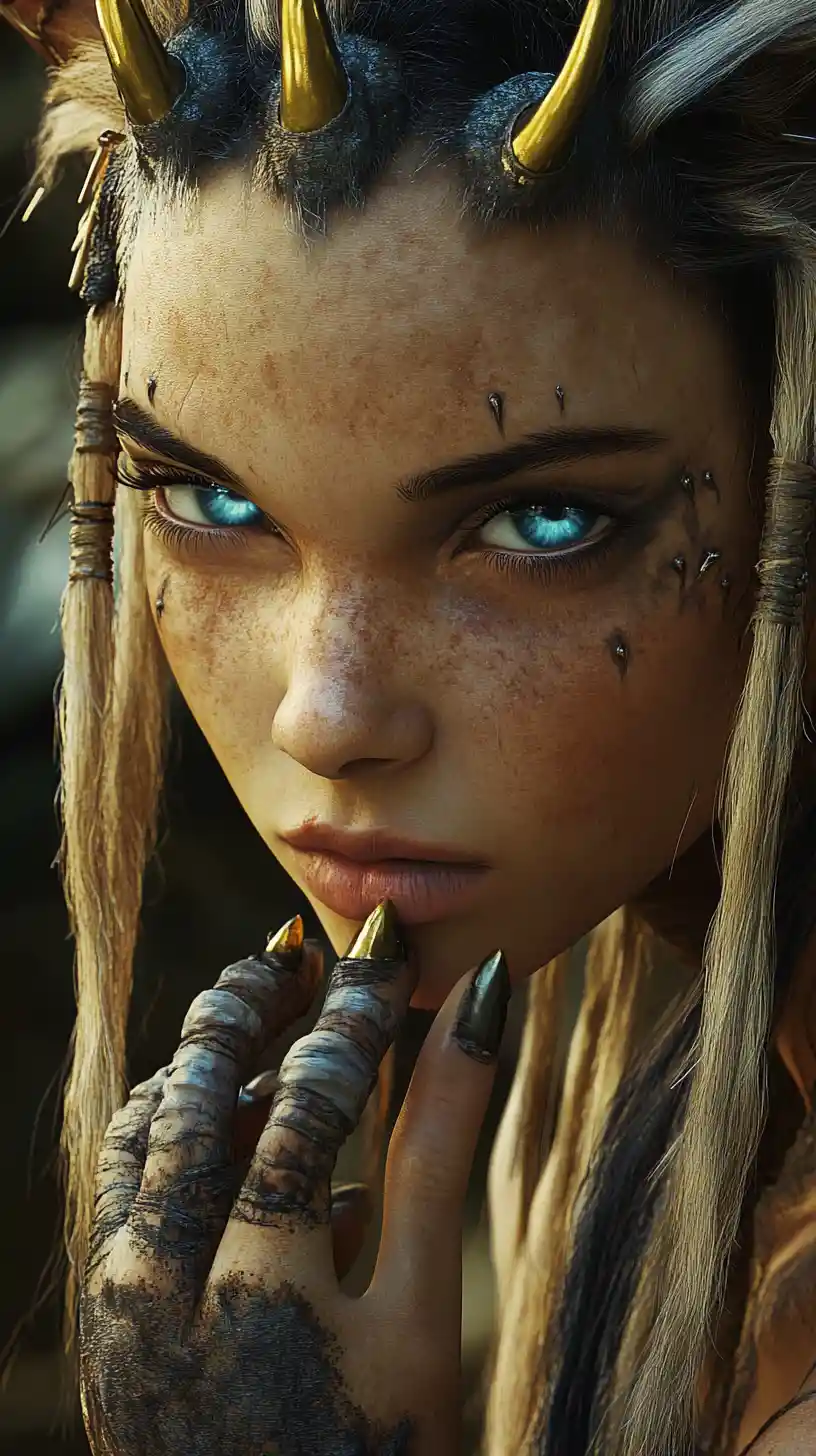 Mystical woman with glowing blue eyes and golden claws