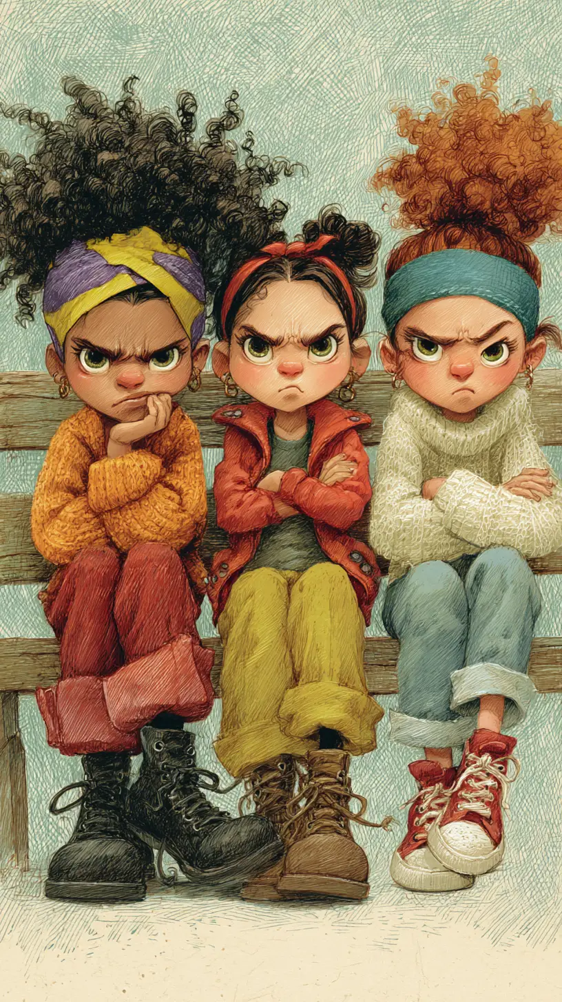 Three grumpy little girls on a wooden bench illustration
