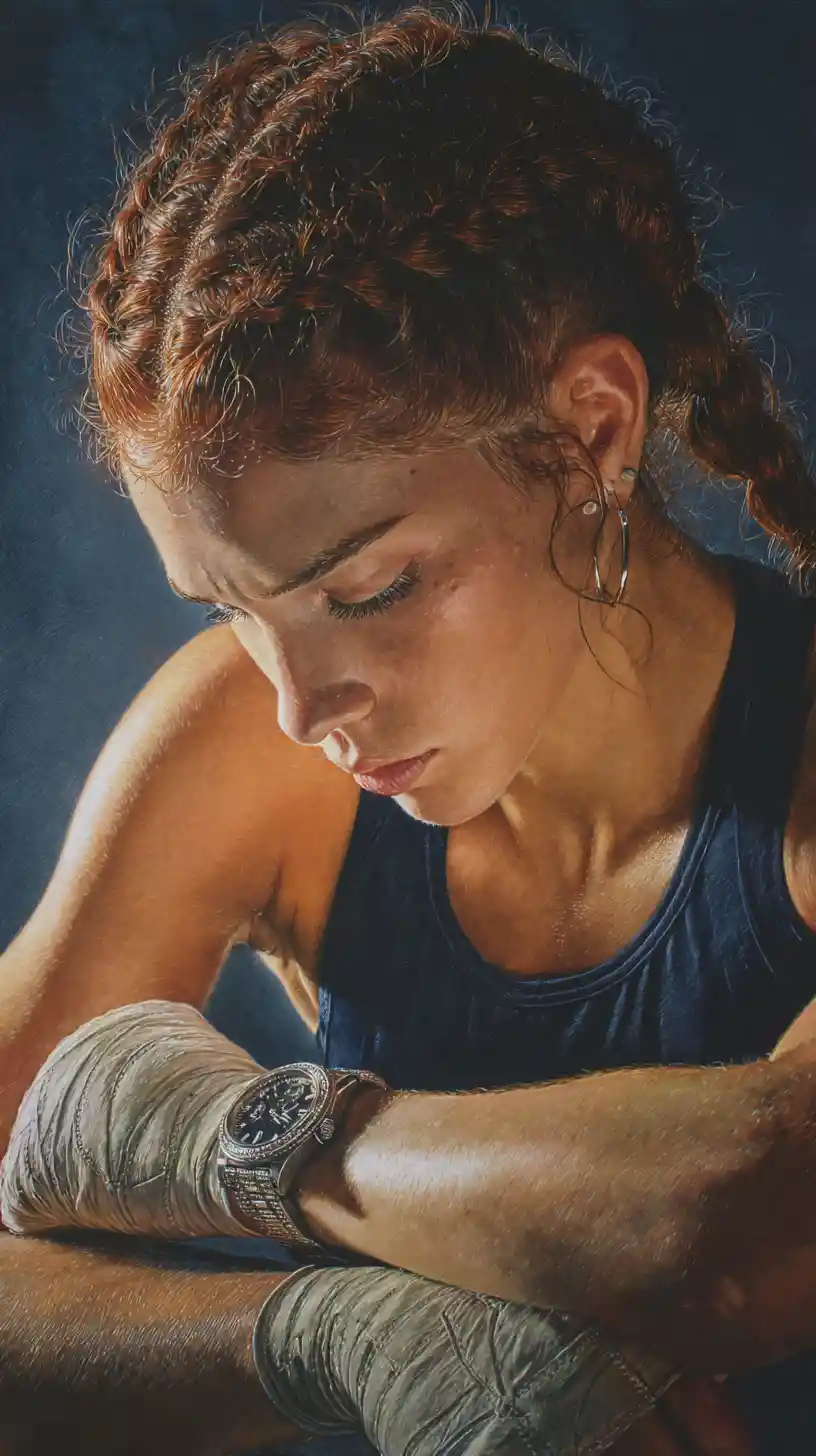 Exhausted woman boxer resting on hemp ring ropes