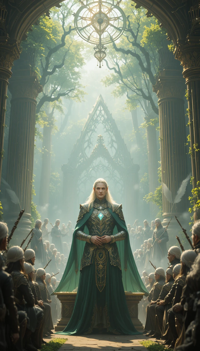 Elf king presides over a royal knighting in forest throne room