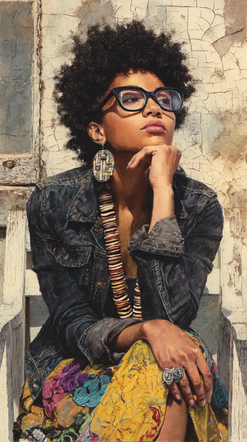 Thoughtful young Black woman in glasses on wooden bench