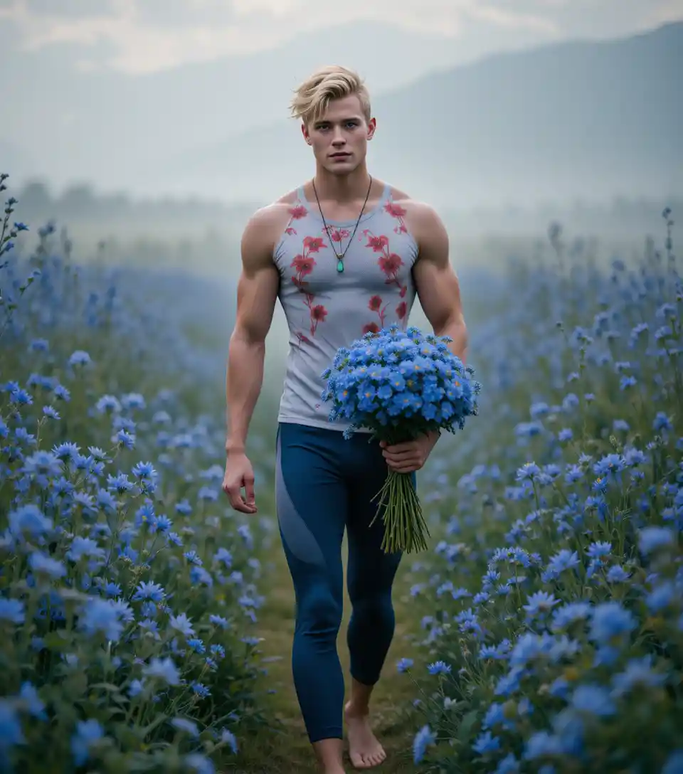 Young man walking barefoot through a misty flower meadow