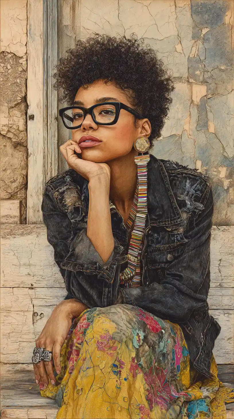 Thoughtful woman with afro hair on weathered white bench