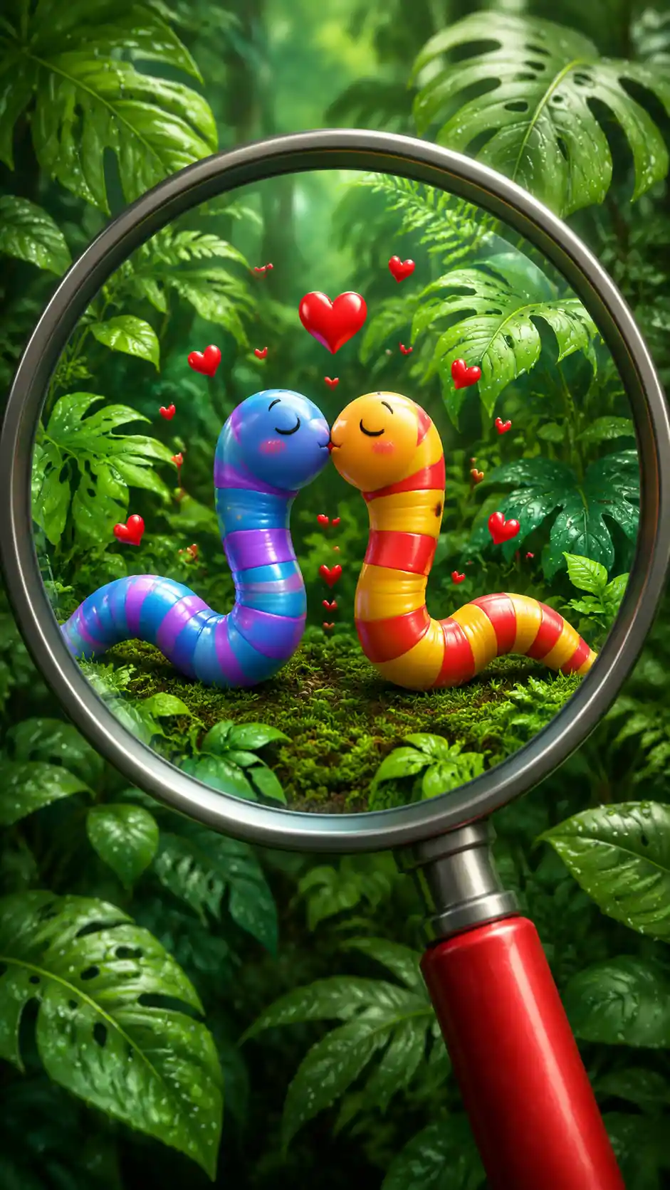 Two striped worms kissing in a lush green jungle