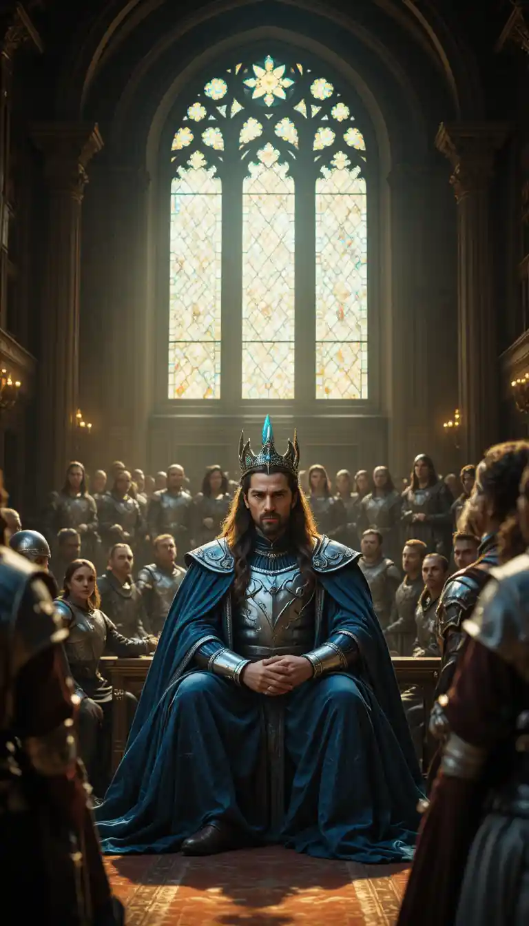 Majestic elven king presiding in a grand throne room