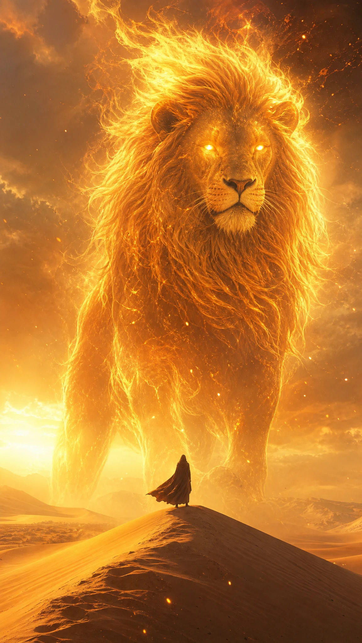 Lone cloaked figure facing a colossal glowing lion