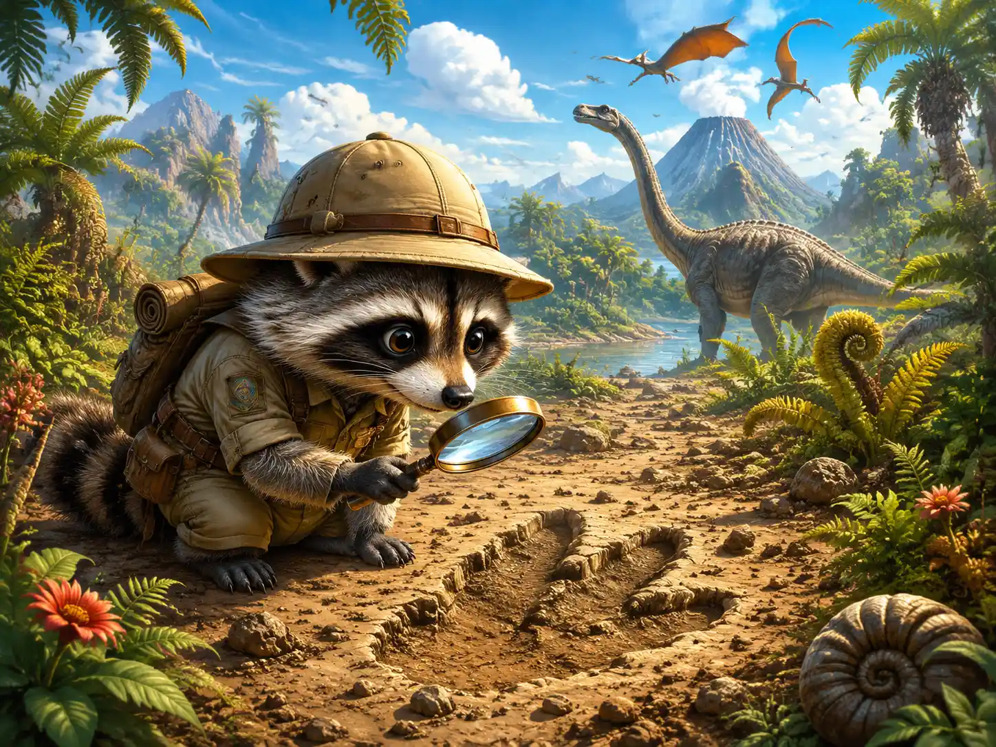 Adventurous raccoon explorer in a colorful prehistoric world