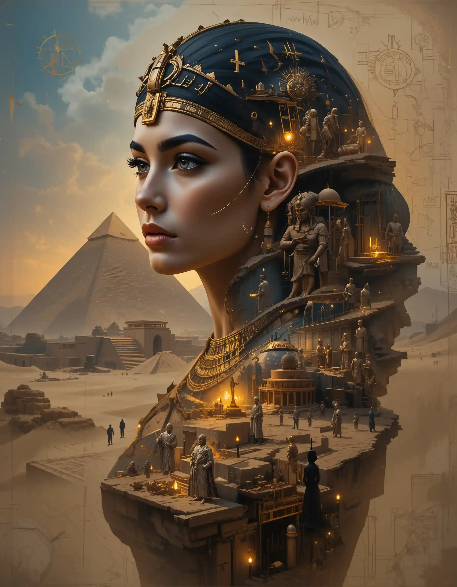 Impasto portrait of Cleopatra in ancient Egyptian landscape