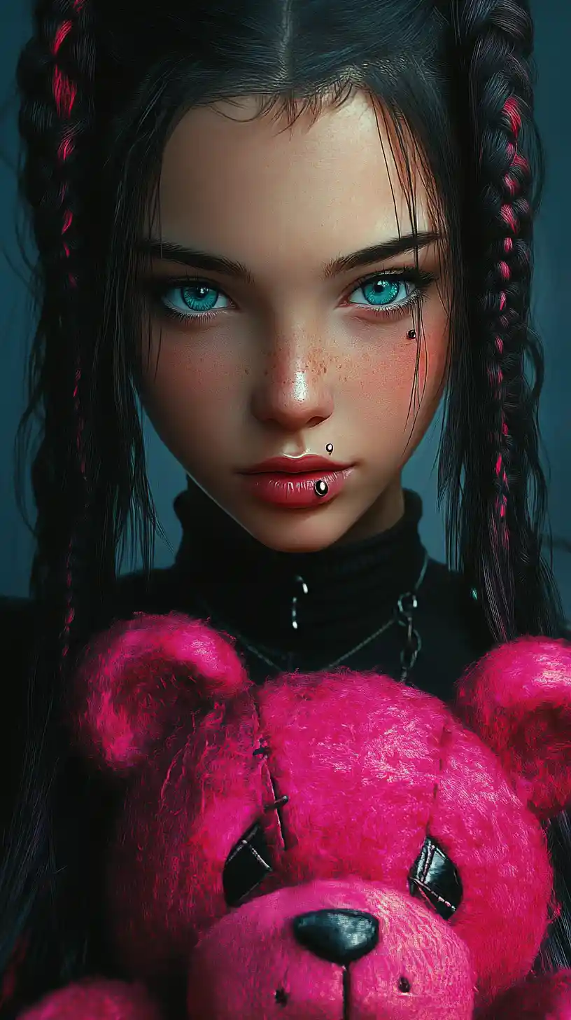 Gothic anime girl holding a distressed pink teddy bear