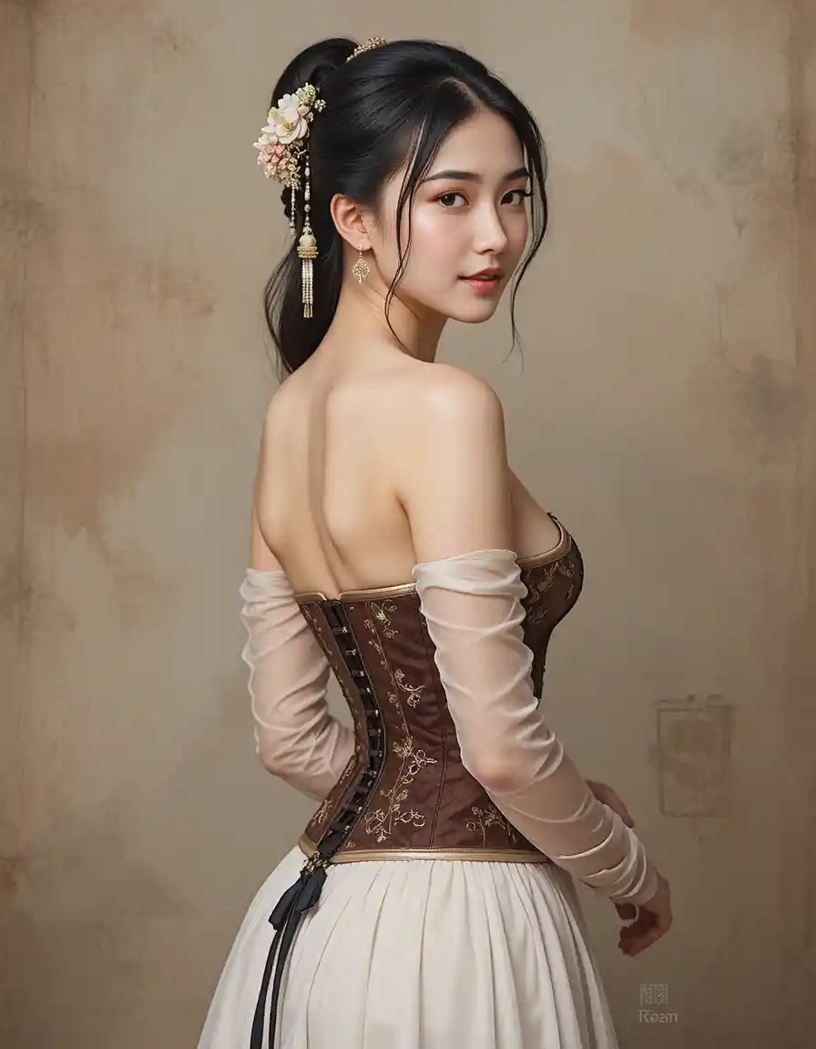 Elegant Chinese woman in traditional corset looking back