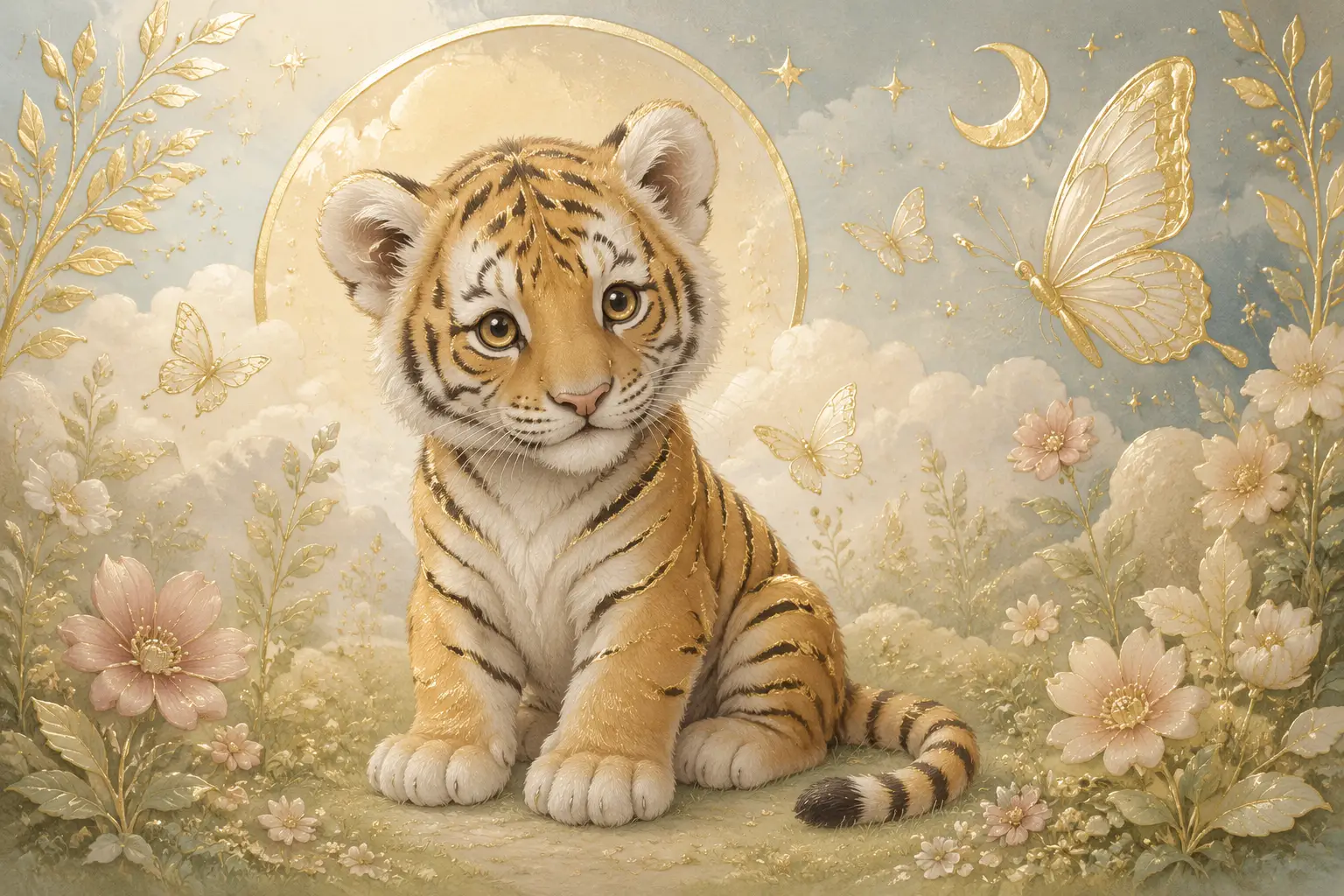 Cute baby tiger cub sitting on soft grassy field