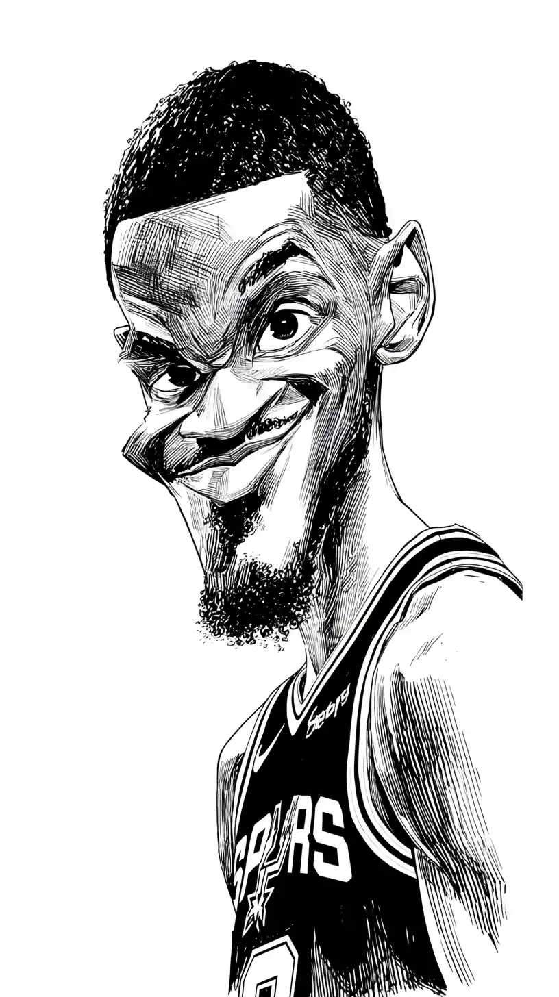 Illustrazione a inchiostro in bianco e nero di un giocatore di basket in stile caricatura