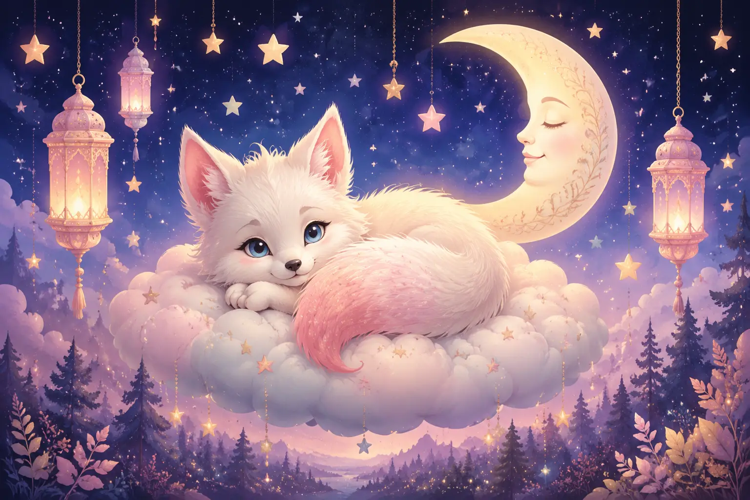 Cute baby fox sleeping on a cloud under crescent moon
