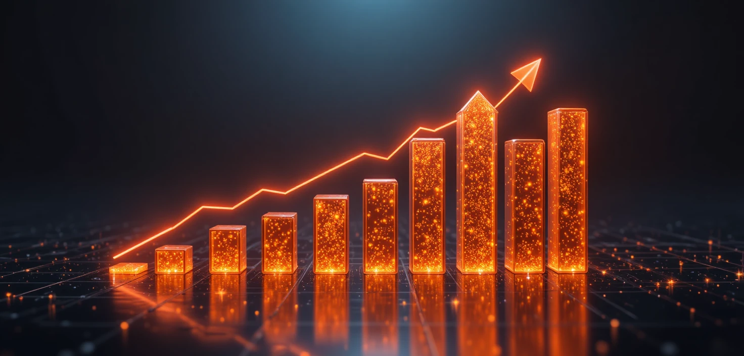 3D orange arrow bar chart with rising red trend line