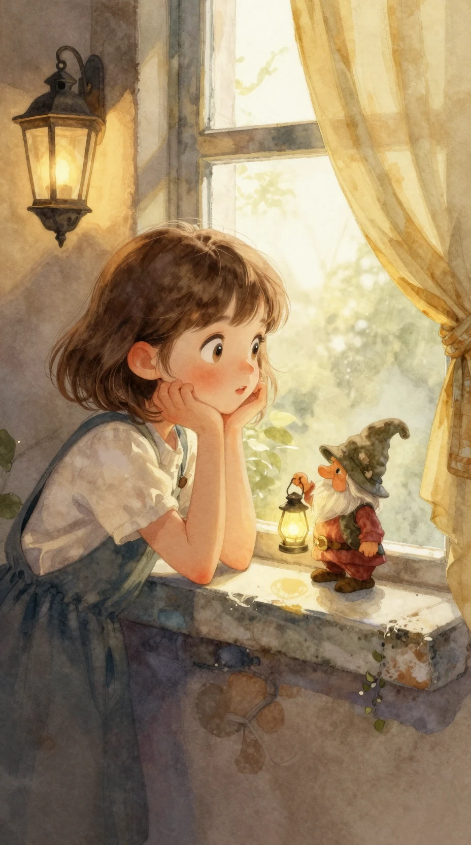 Girl At Window Watching Tiny Gnome In Lantern Light