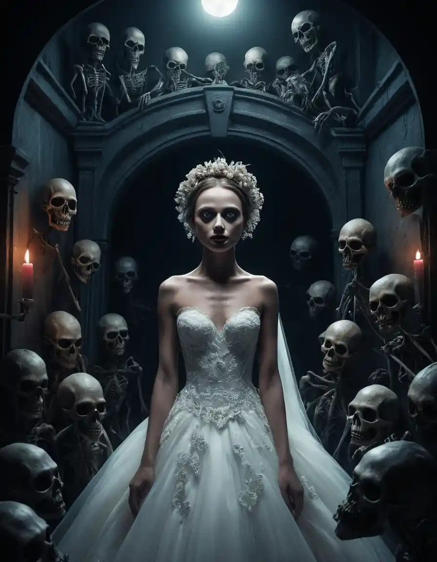 Cursed beautiful bride in surreal outer darkness scene