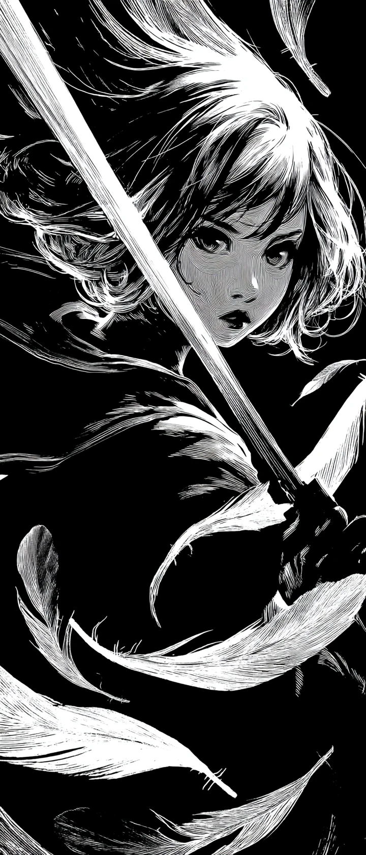 Guerrière d’anime brandissant une lame lumineuse parmi les ombres
