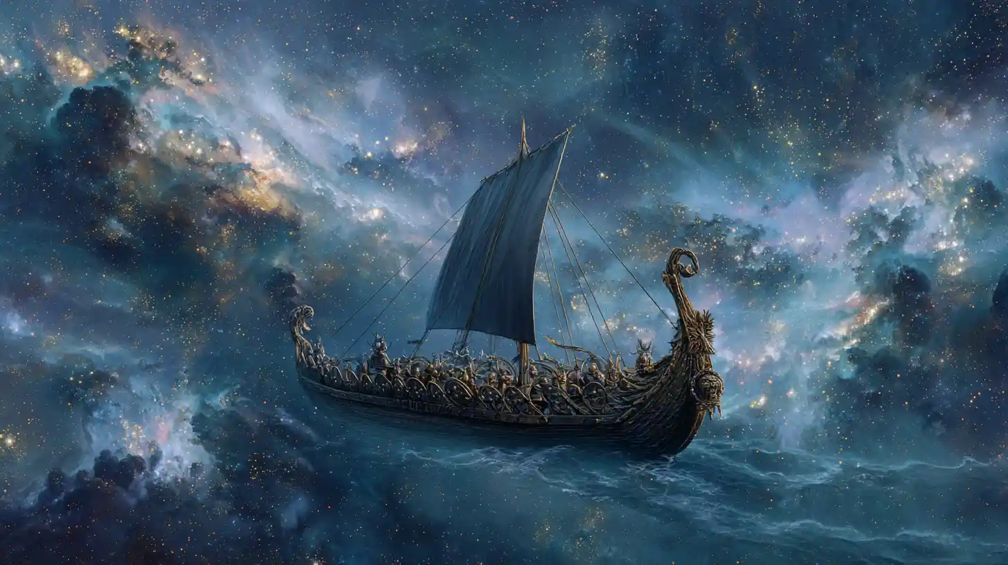 Viking longship sailing through glowing cosmic nebula