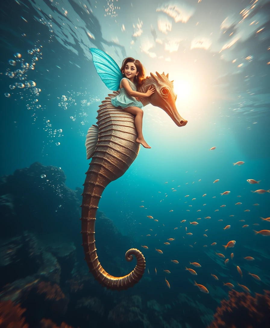 Girl riding a colossal seahorse through sunlit ocean waters