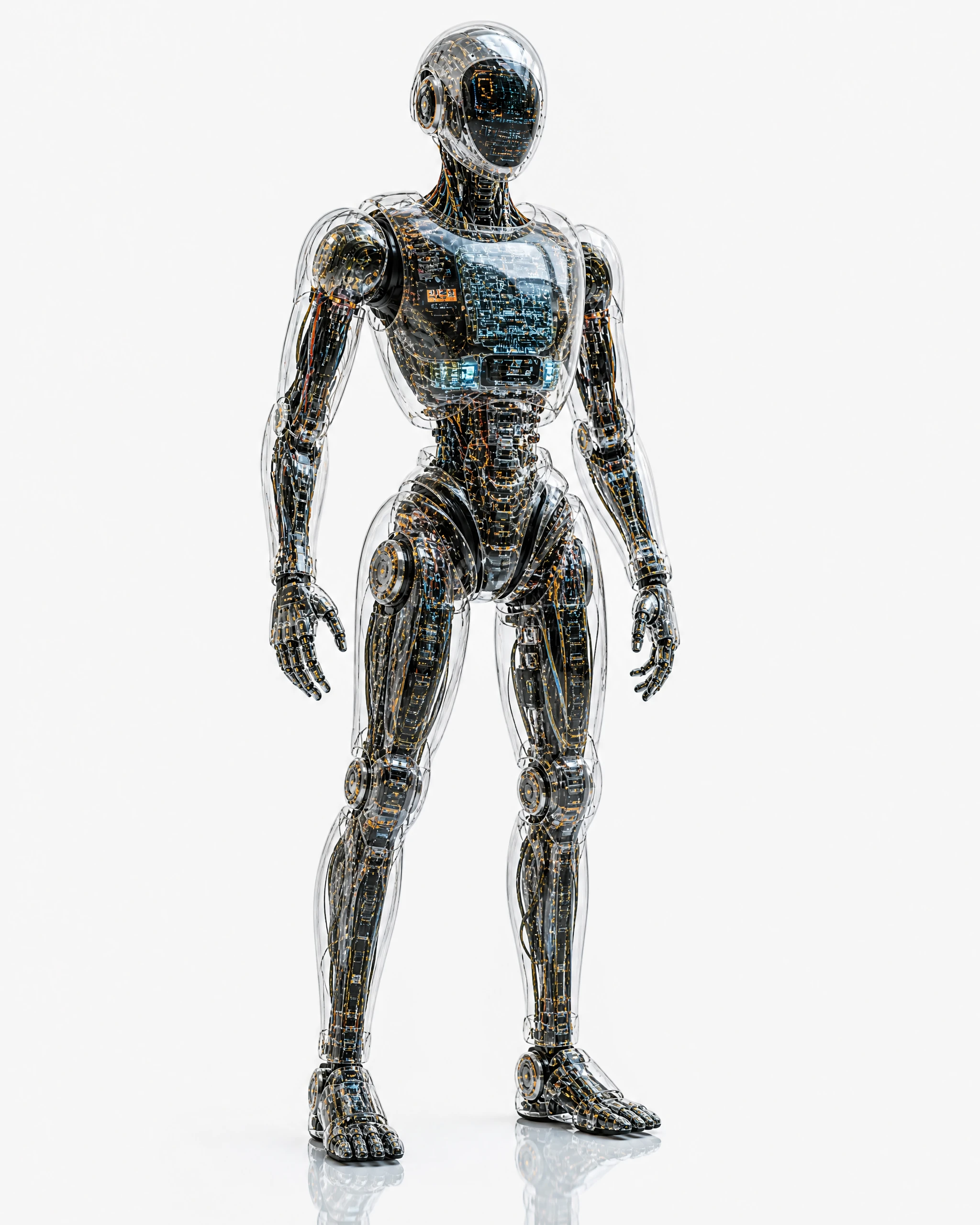 Transparent robot revealing intricate electronic circuit design
