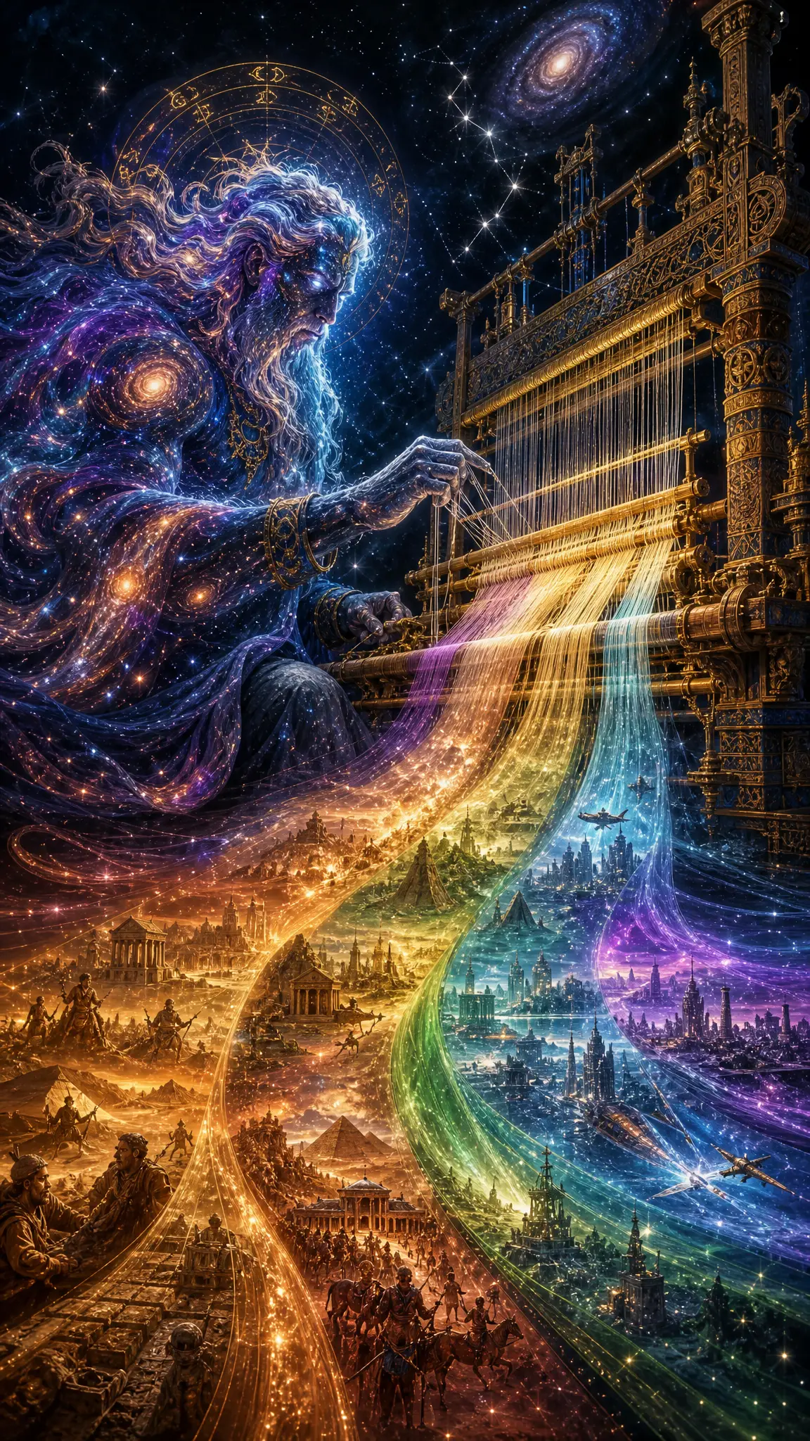 Ancient cosmic entity weaving radiant ribbons of time