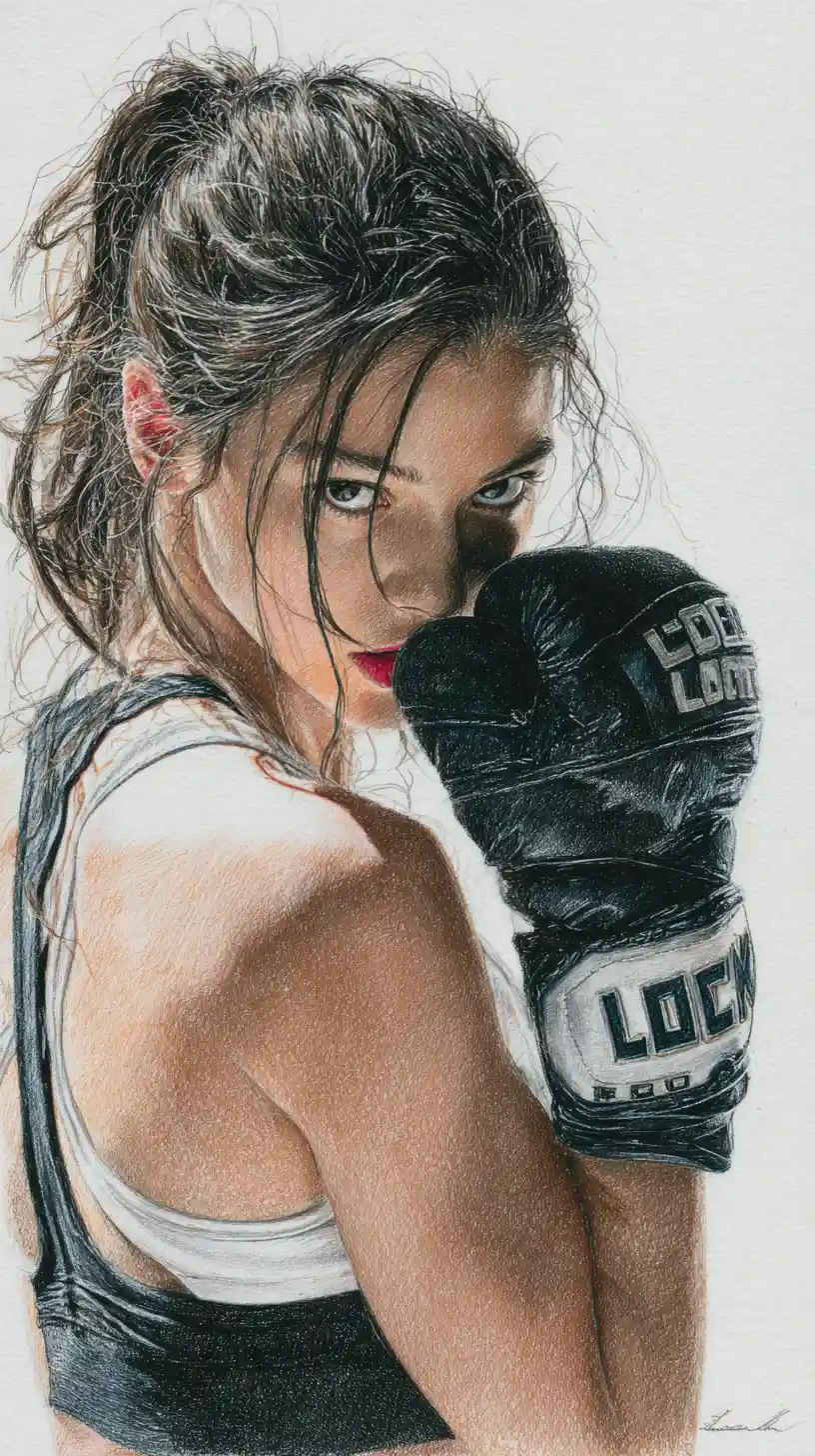 Color pencil portrait of an intense female boxer close up