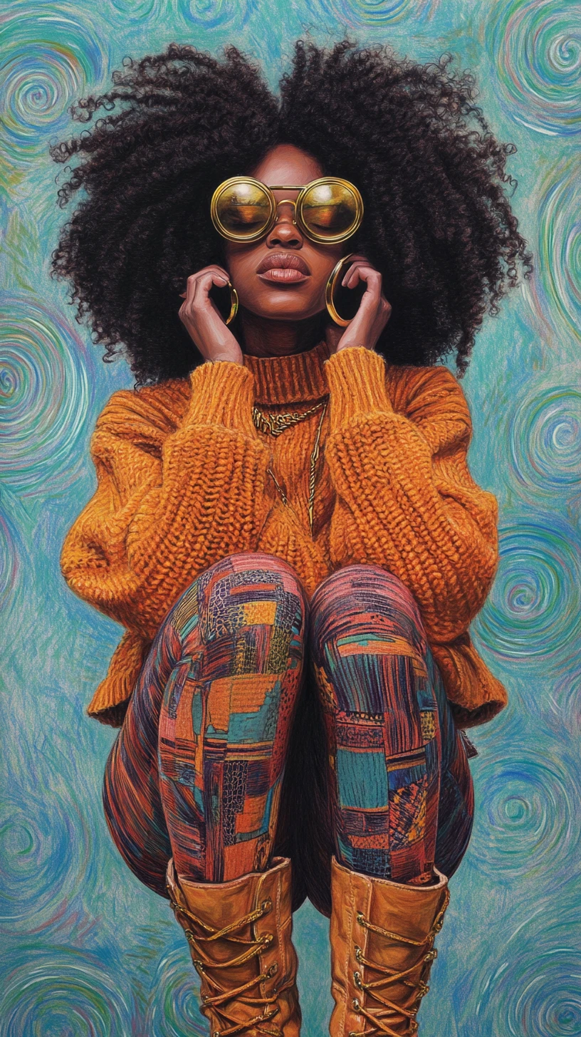 Young Black woman in vibrant patchwork outfit squatting