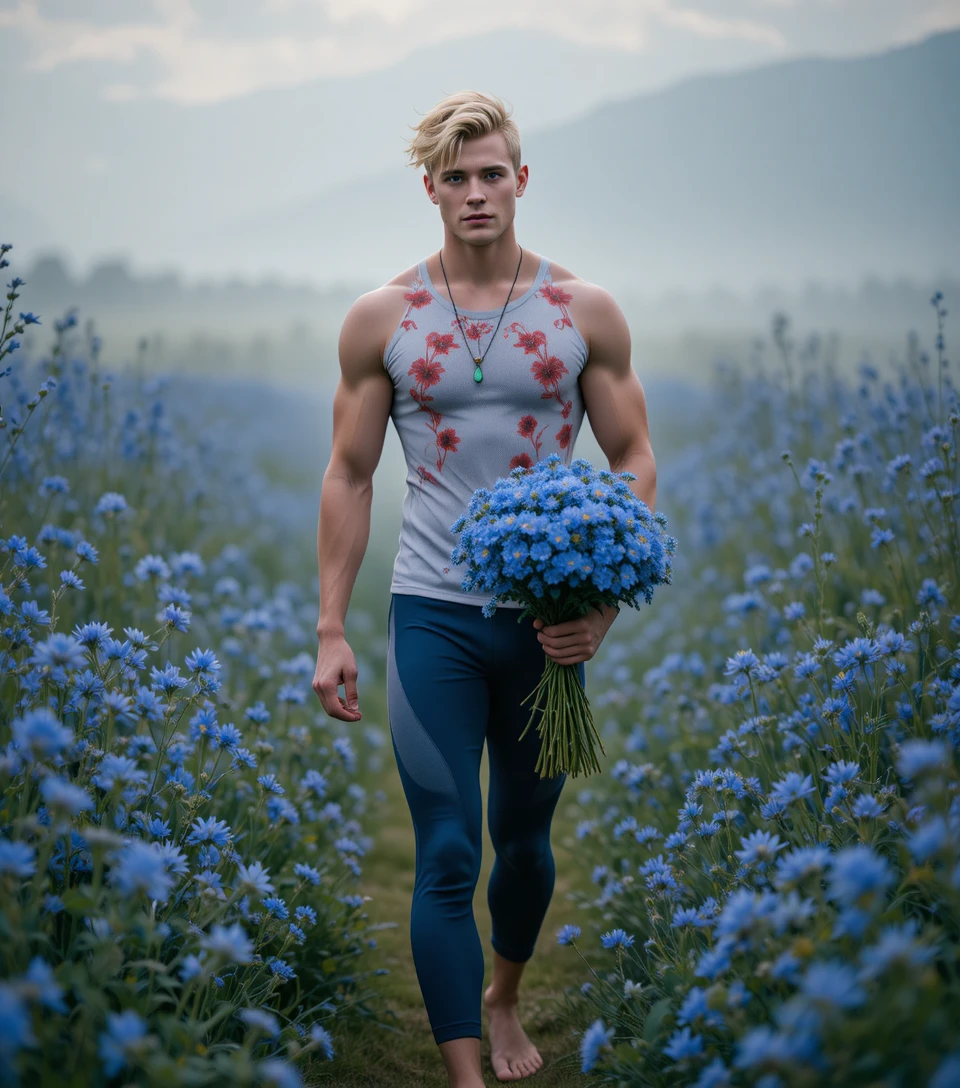 Young man walking barefoot through a misty flower meadow