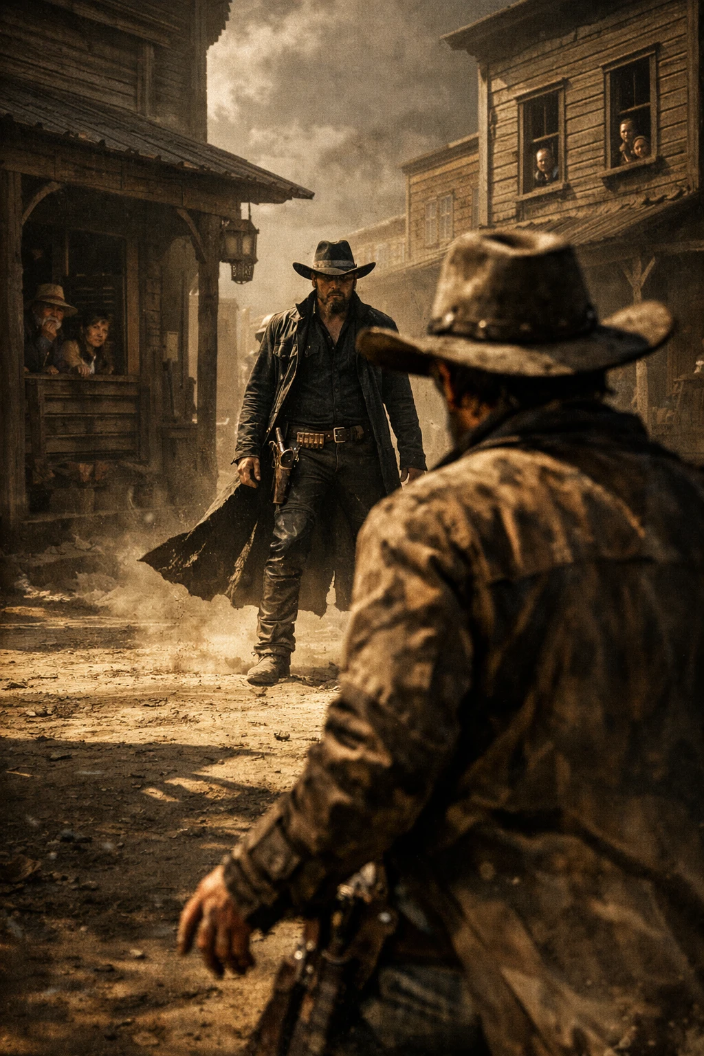 Tense cowboy showdown on a dusty western town street