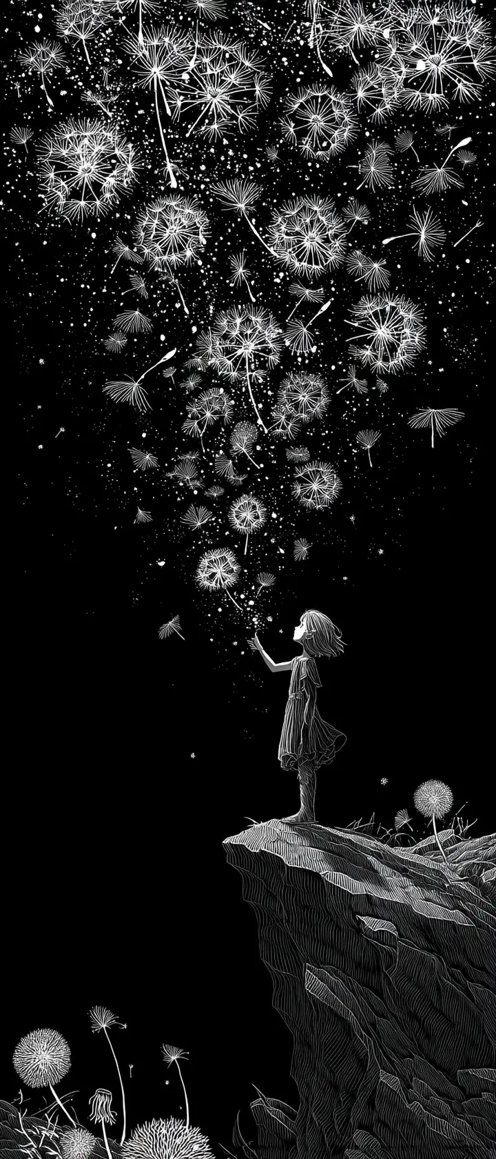 Anime girl on black cliff blowing glowing dandelion doors
