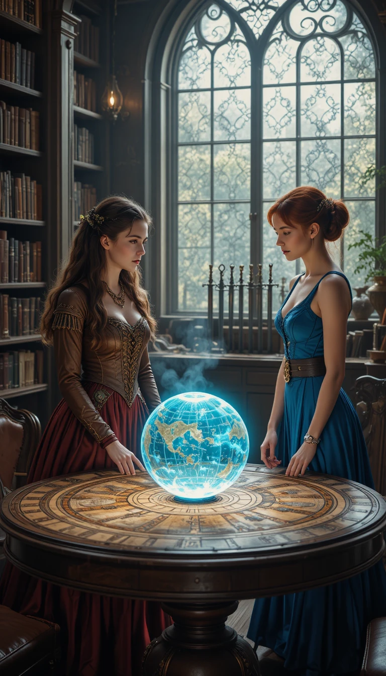 Two steampunk women studying a holographic map in library