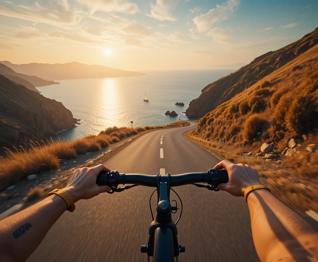 First person view cycling along a sunlit coastal road