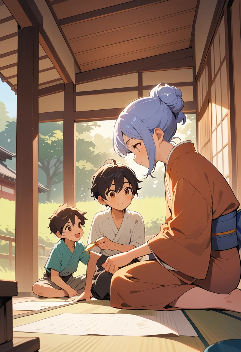 Grandmother Teaching Boy Origami On Sunny Wooden Veranda