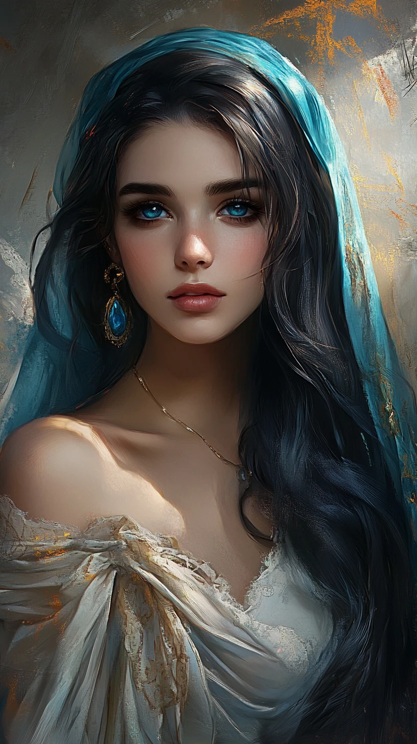 Serene blue eyed girl in flowing teal and gold portrait
