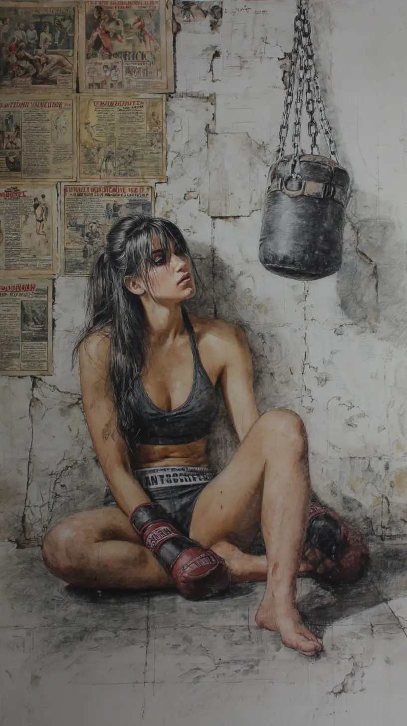 Exhausted boxer woman resting on the gym floor