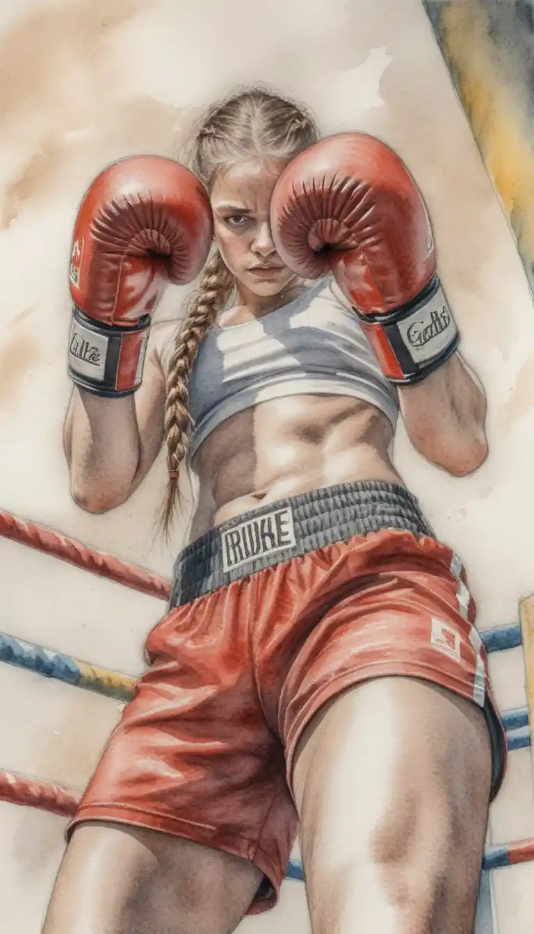 Athletic woman boxer in low angle defensive ring portrait