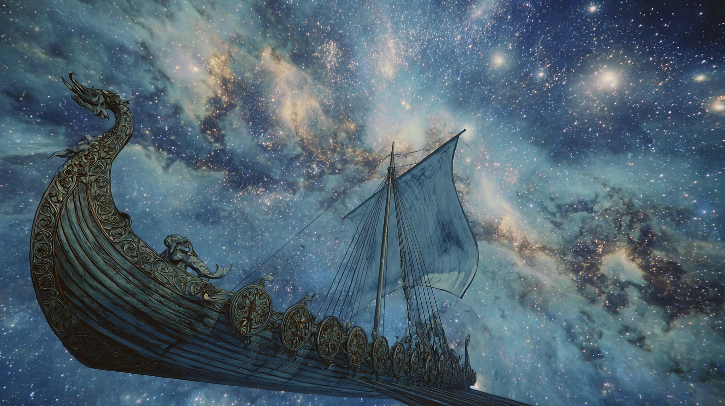 Viking longship sailing through a glowing cosmic nebula
