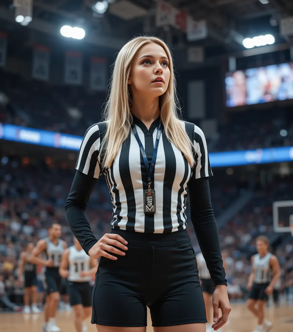 Female basketball referee on court with whistle and lanyard