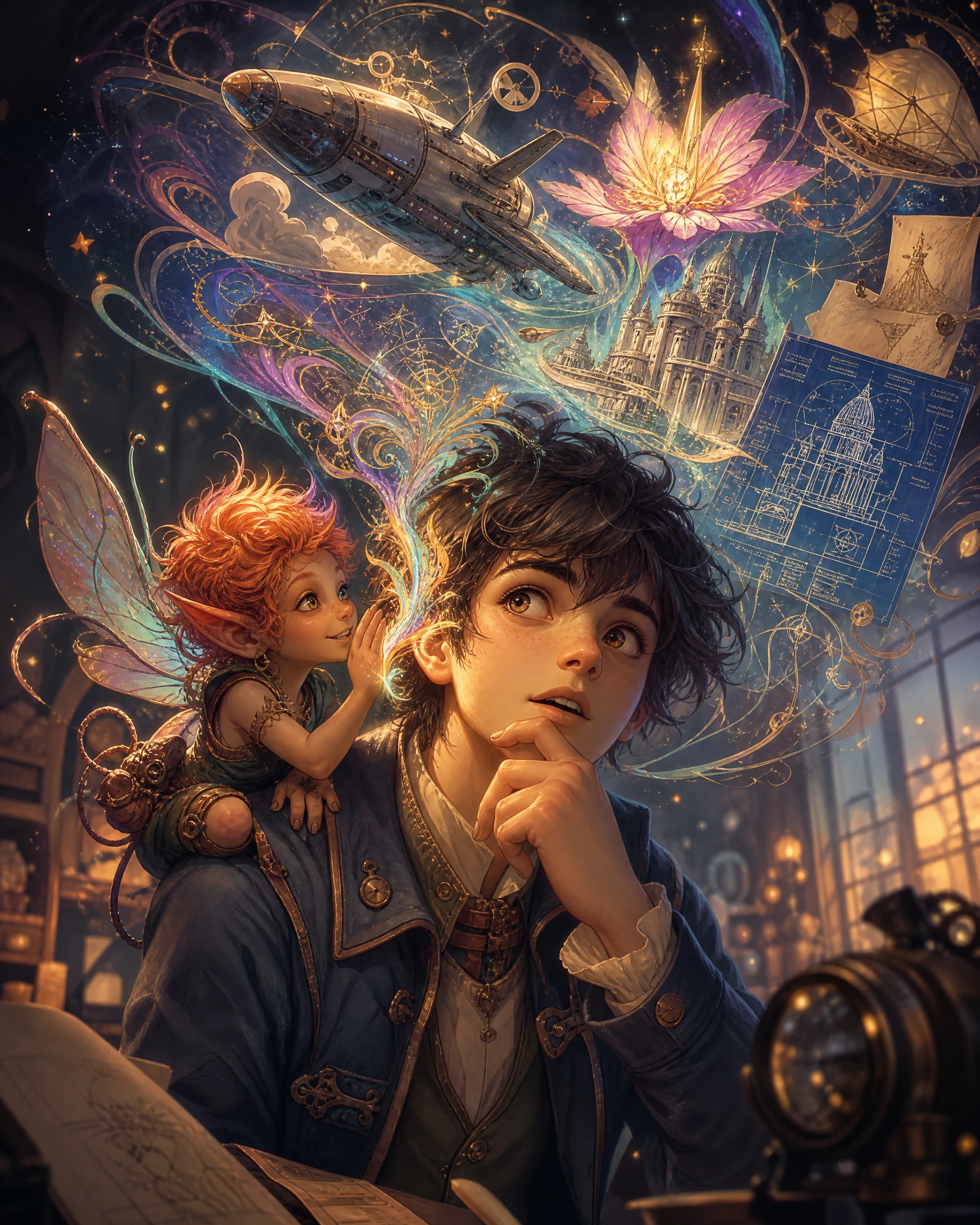Anime muse whispering ideas to a thoughtful man