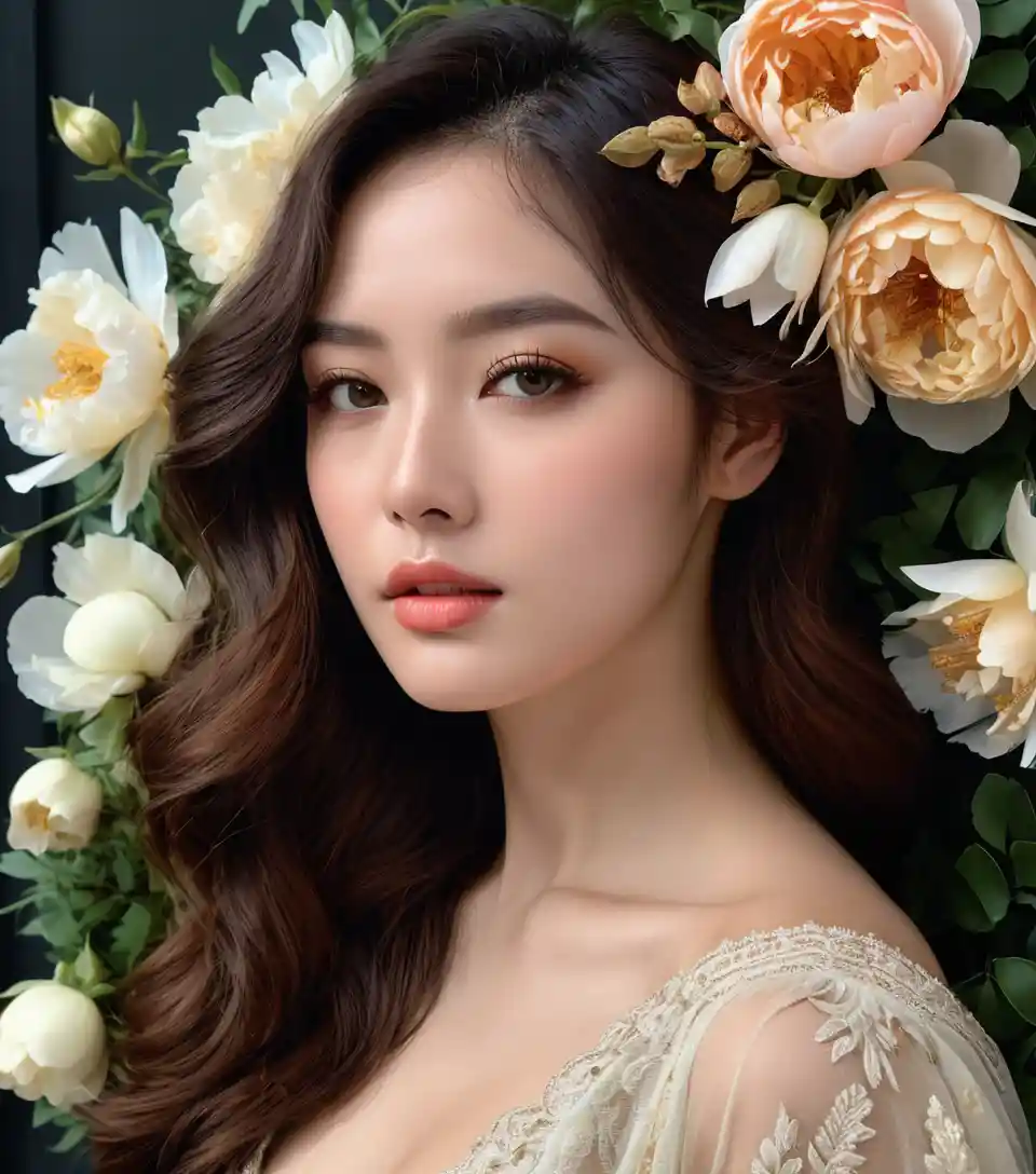 Art nouveau portrait of a floral crowned young woman
